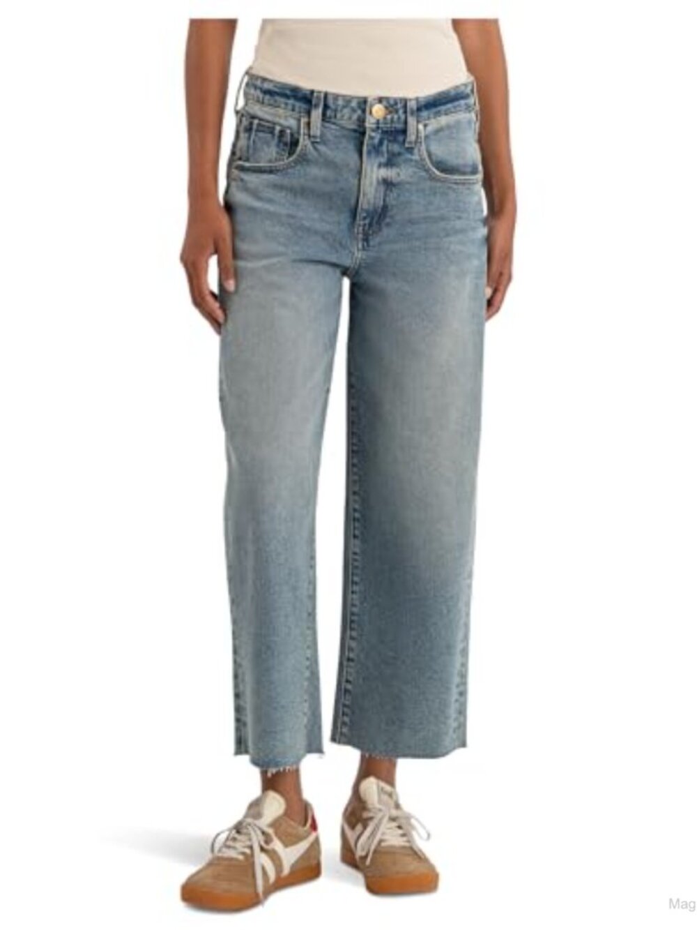 High-Rise Wide Leg Raw Hem Jeans 5 Pocket Stretch Denim